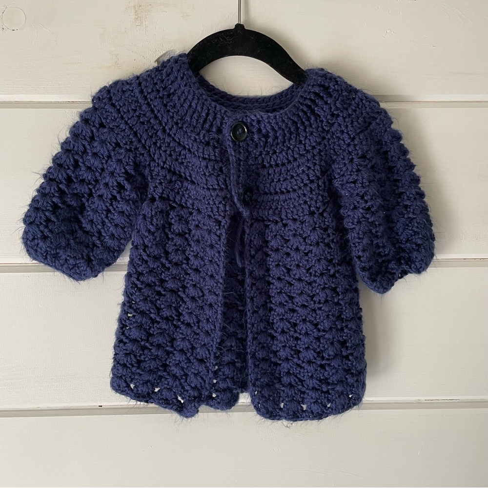 Handmade Navy Blue Crochet Cottagecore Button Front Cardigan Kid's 3-6months